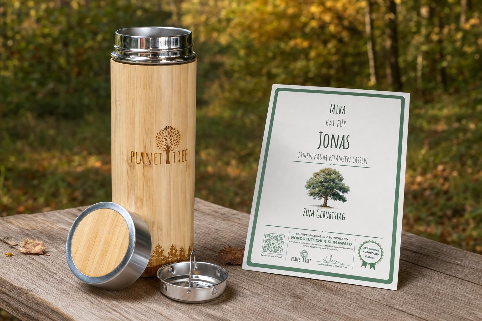 Edelstahl Thermoskanne mit Holz – Geburtstagsgeschenk für Tee- und Naturfreunde