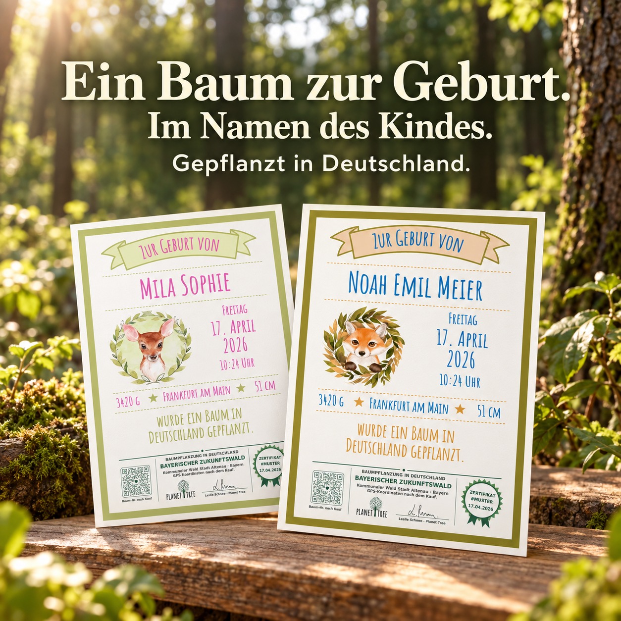 Geburtsurkunde mit Baumpflanzung – Ein Geschenk zur Geburt